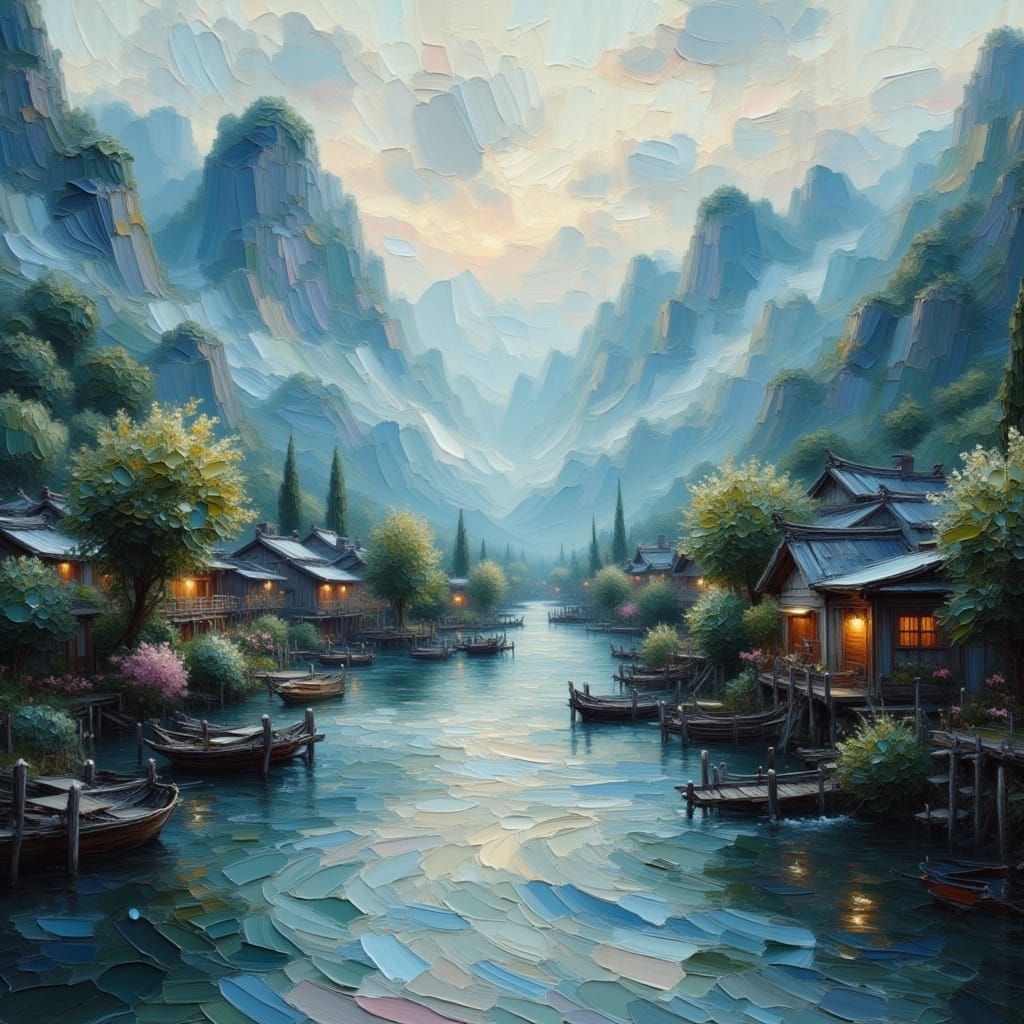 Guizhou Water Village as Impasto Painting