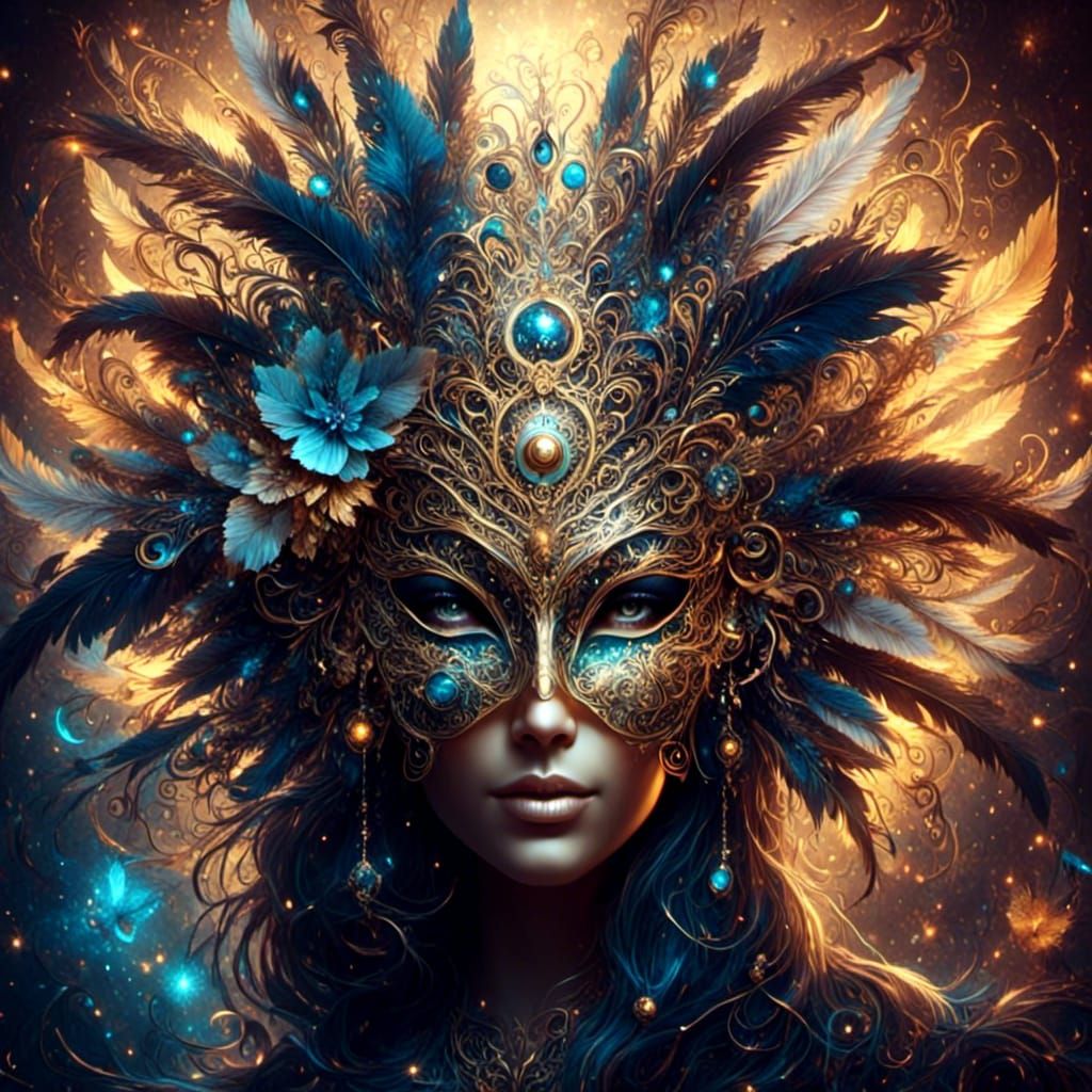 Surreal Golden Filigrance Mask in Cosmic Holographic Style