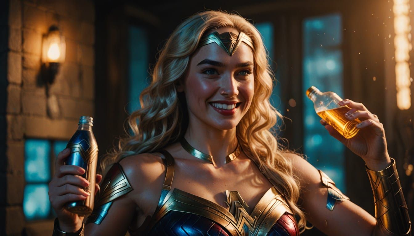 Wonder Woman Blonde with Glowing Blue Eyes in Cinematic Film...