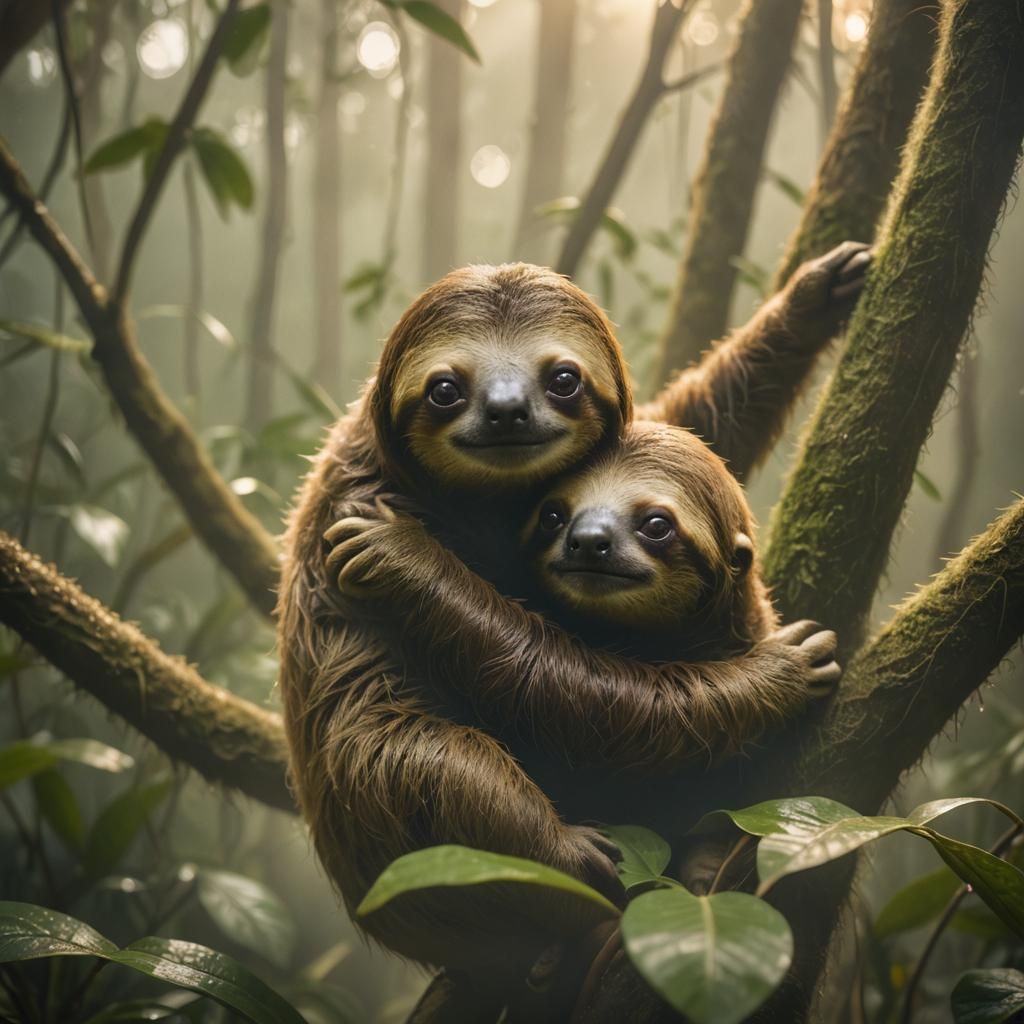 Cinematic Sloth Hug in Misty Rainforest