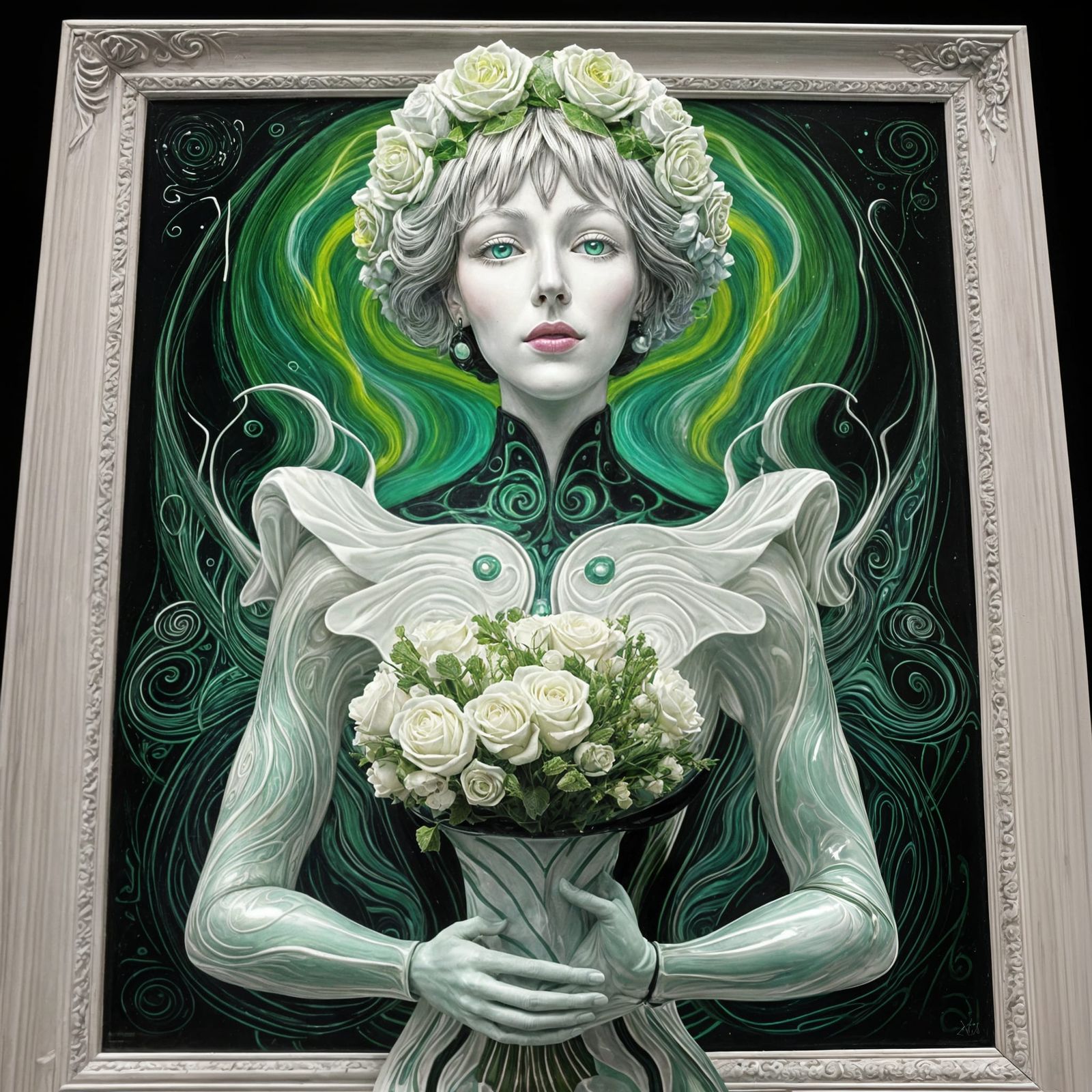 Whirlwind of Emerald Dreams in a Van Gogh-Inspired Vase