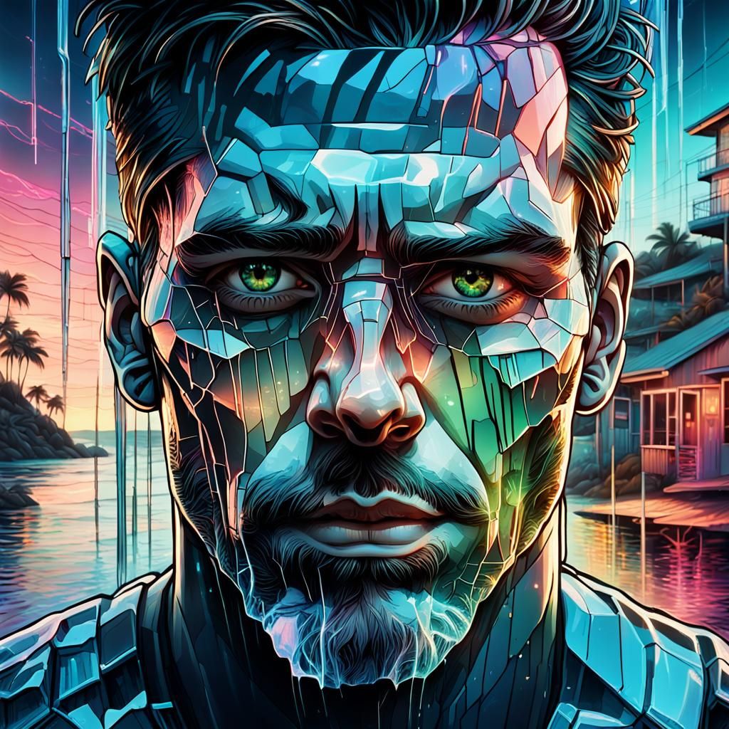 Shattered Neon Portrait Masterpiece Blends Waterfalls and Be...
