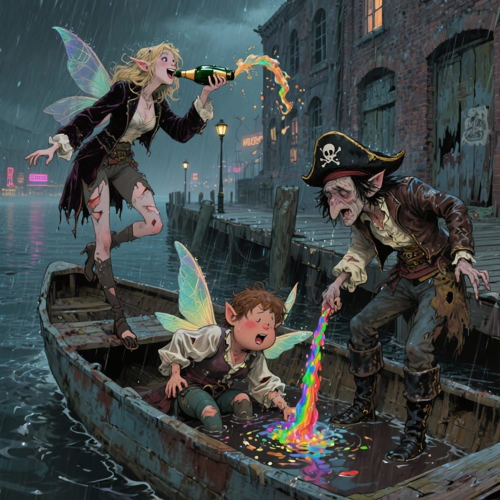 Drunken Pirate Fairies on a Rowboat in Downpour