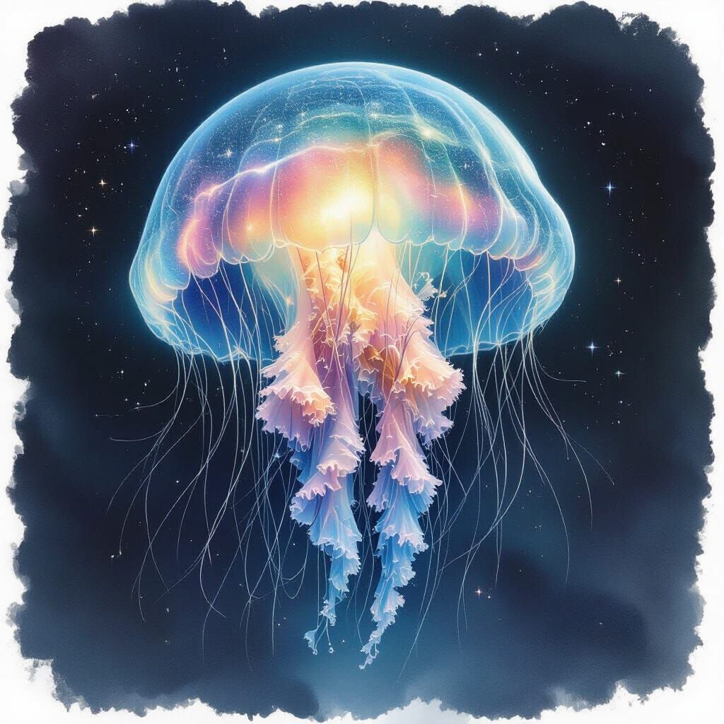 Bioluminescent Jellyfish Drifting Through Space in Watercolo...