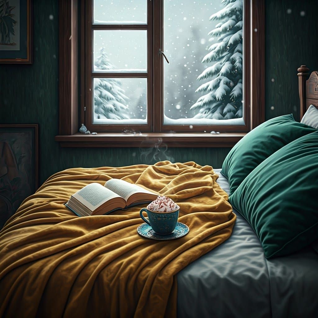 Serene Snowy Bedroom in Whimsical Style