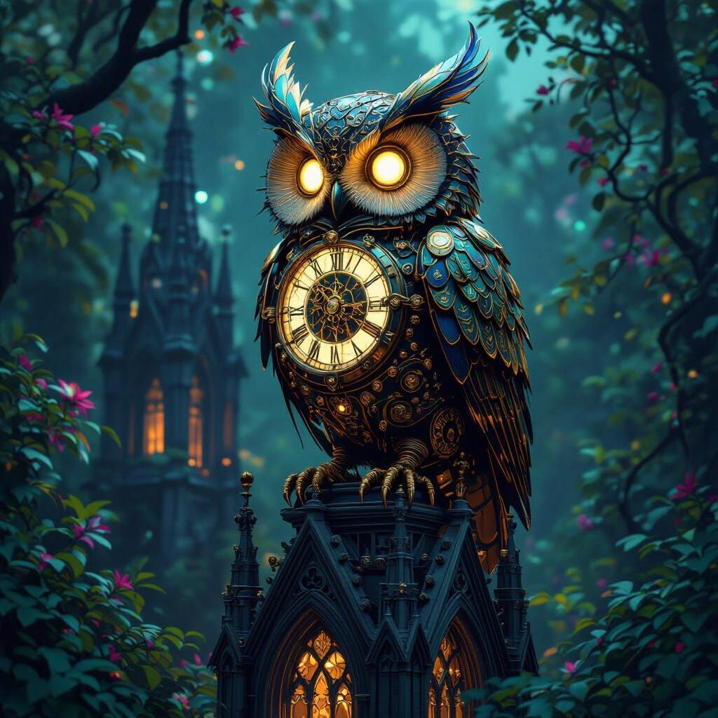 Bioluminescent Steampunk Owl Automaton on Gothic Cathedral