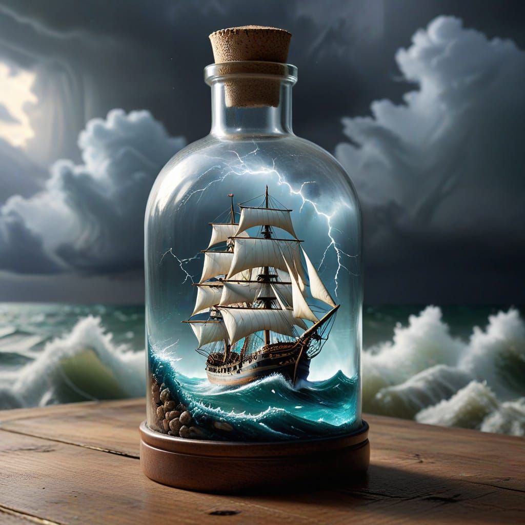 Ship Inside a Realistic Glass Bottle Amidst Turbulent Seas