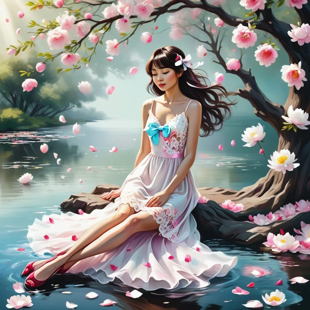 Ethereal Angelic Beauty Under Blossoming White Peony Tree