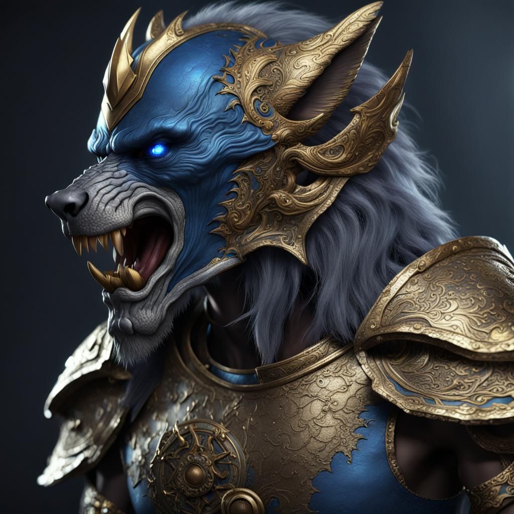 Realistic Warrior Werewolf in Blue and Gold Armor