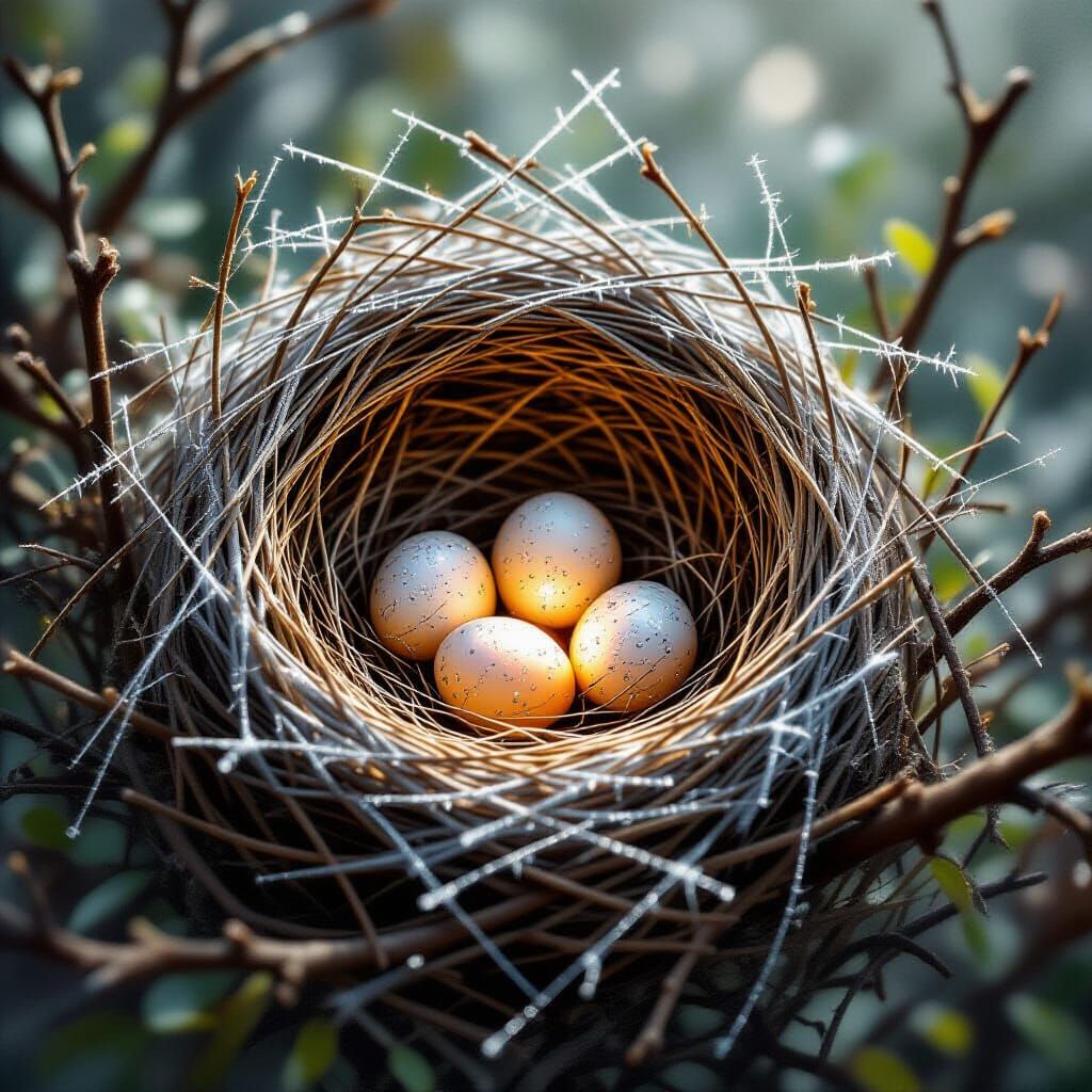 Silver Spiderweb Nest with Glowing Eggs, Painterly Realism