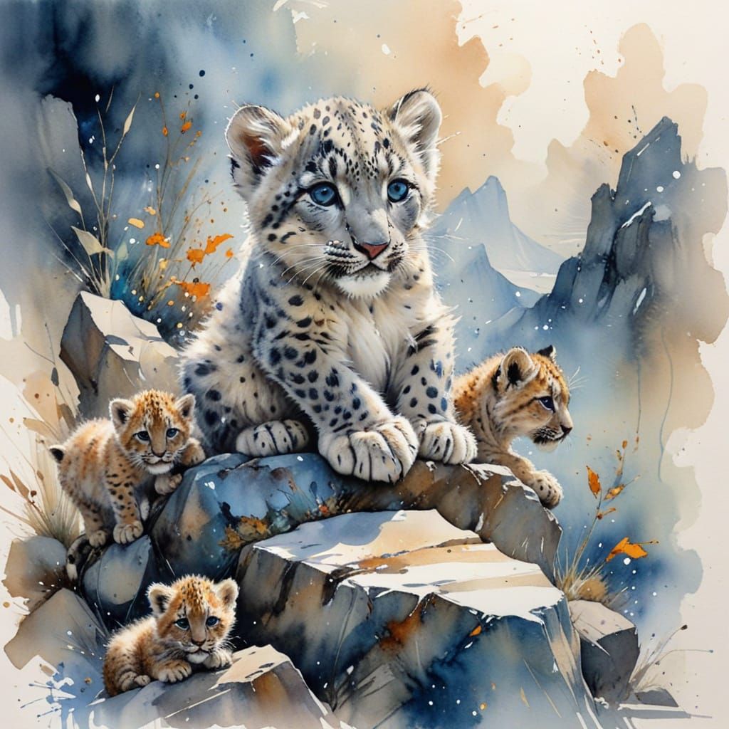 Adorable Snow Leopard Cub with Baby Lions in Watercolour Ble...