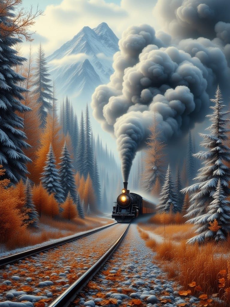 Majestic Steam Train in Autumn Forest, Snow-Covered Mountain