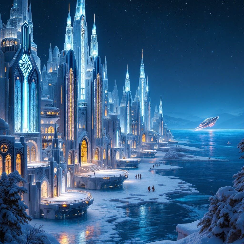 Winter Kingdom in Ice Art Deco Style Under Starry Night Sky