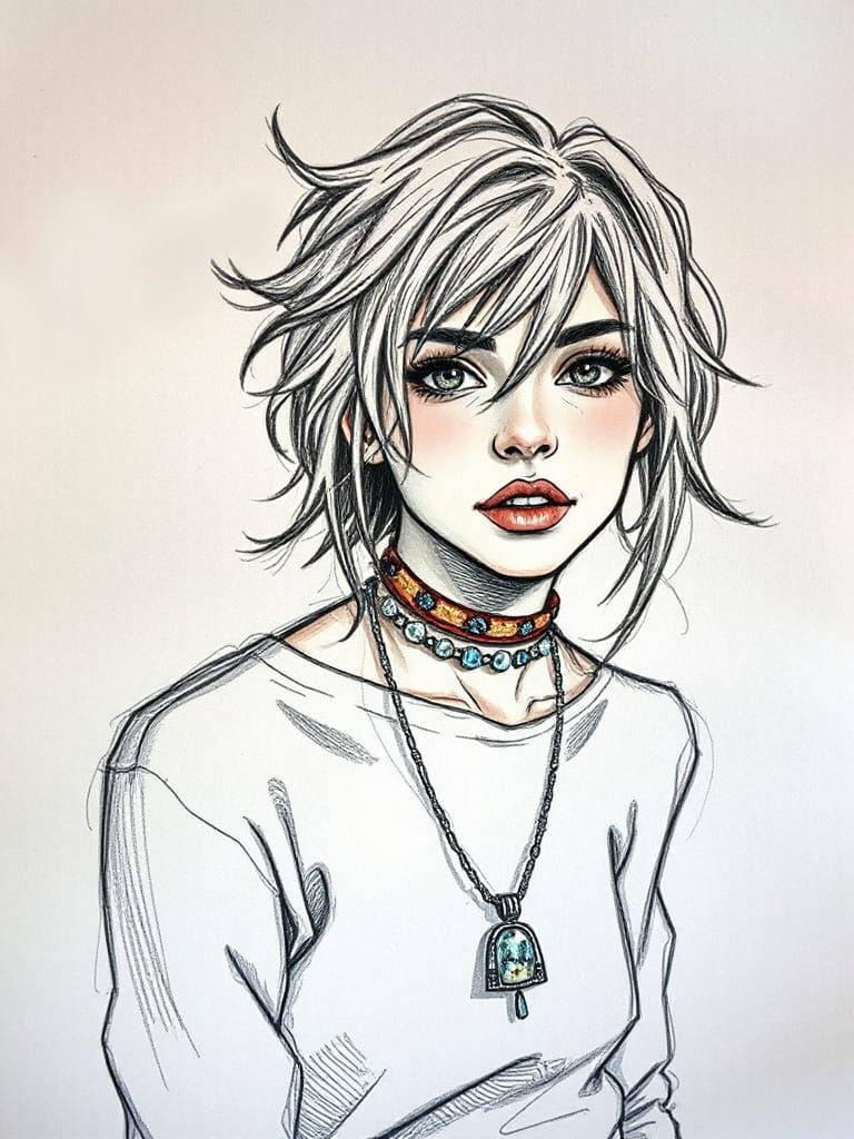 Bohemian Woman in Coloured Pencil Sketch