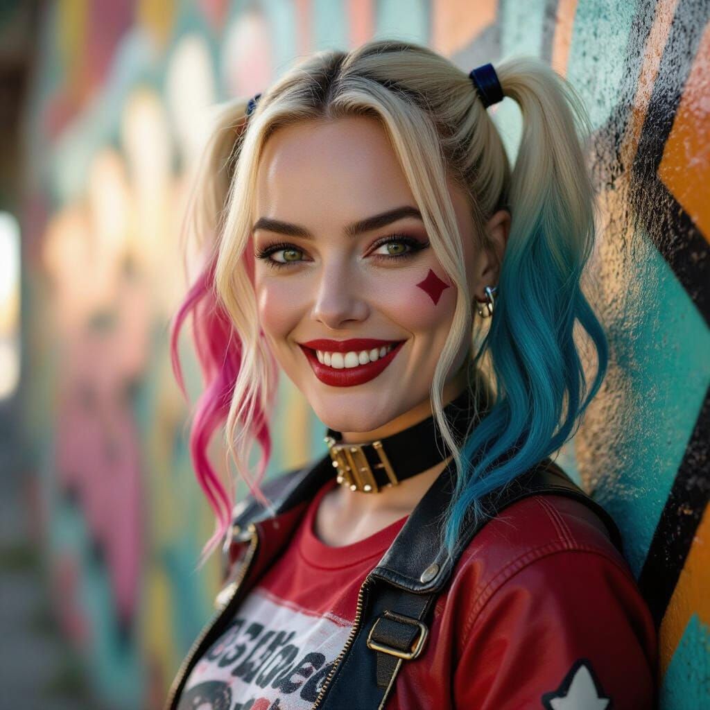 Harley Quinn in Dynamic Pose on Graffiti Wall