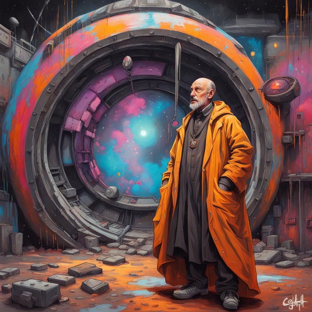 A Gritty Priest Emerges in a Vibrant Starport Landscape