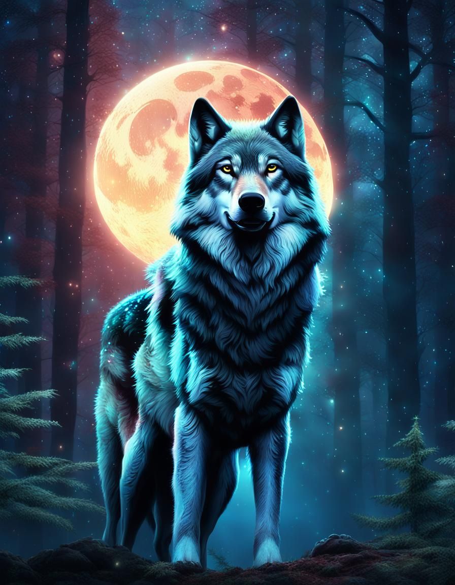 Hyperrealistic Wolf in Moonlit Forest
