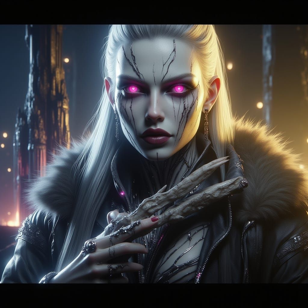 Stunning Half-Orc Giantess with Pink Eyes in Cinematic Style