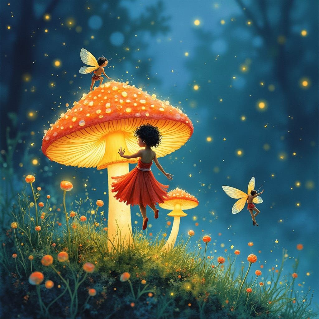 Fairies Dancing in Dewdrop, Watercolor Ink Style