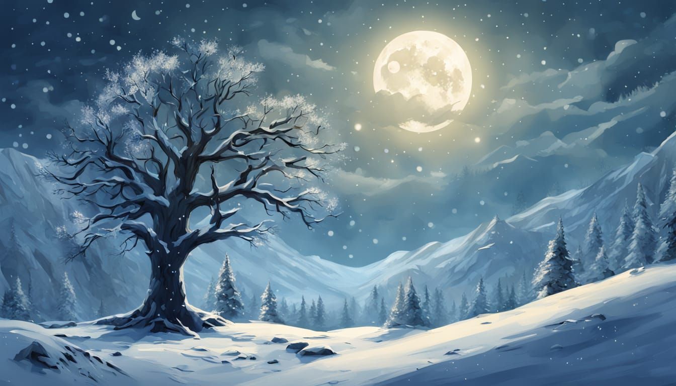 Silent Winter Landscape Digital Art with Starry Night