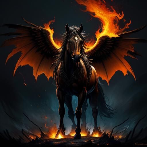Surreal Dark Fantasy Horse Charges Through Fiery Inferno wit...