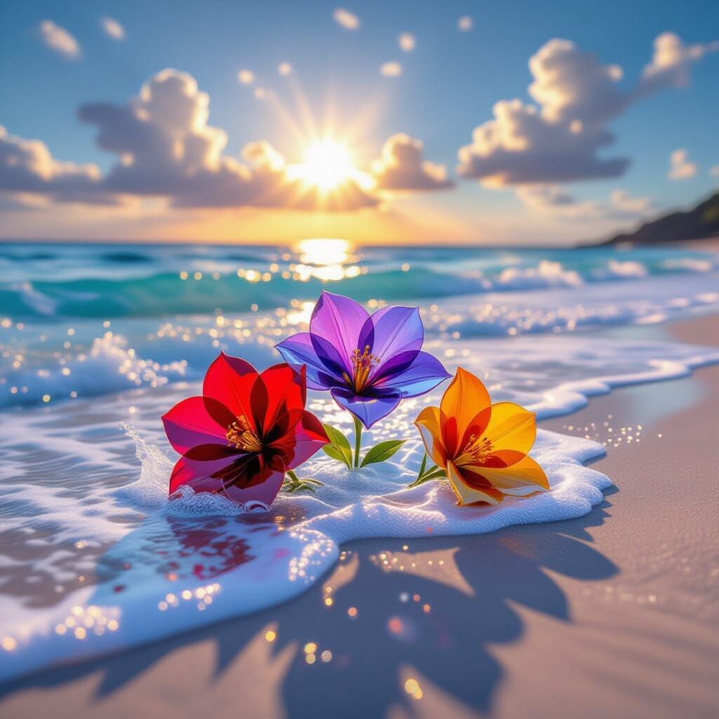 Glass Flowers on the Shore in Holographic Astral Style