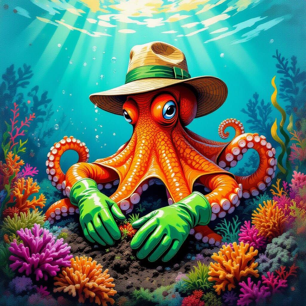 Graffiti Octopus Tending Underwater Garden