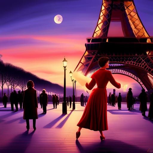 Amelie Dancing Under the Eiffel Tower in a Vibrant Violet Sk...