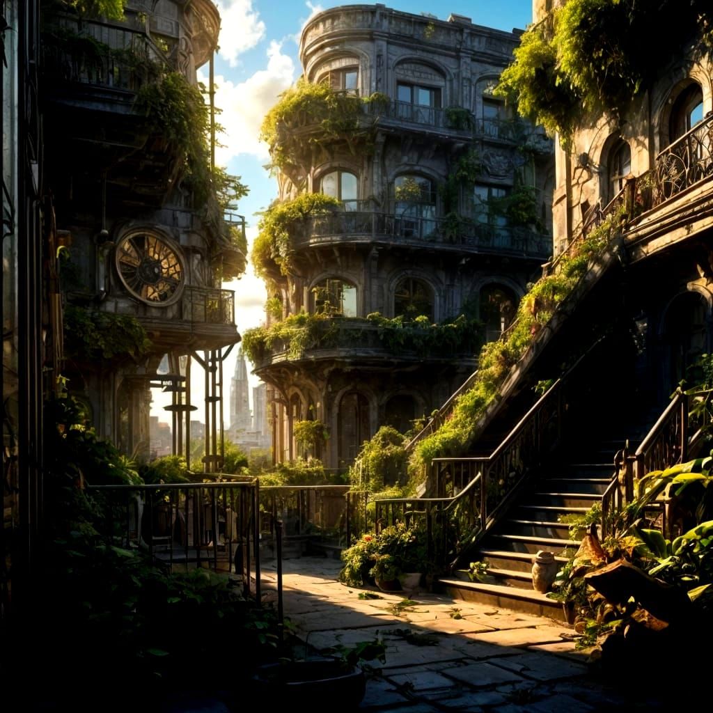 Steampunk City Overgrown with Flora