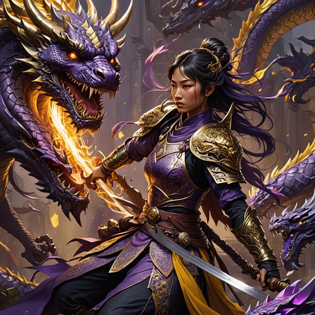 Ethereal Warrior Engages Majestic Eastern Dragon in Dark Fan...