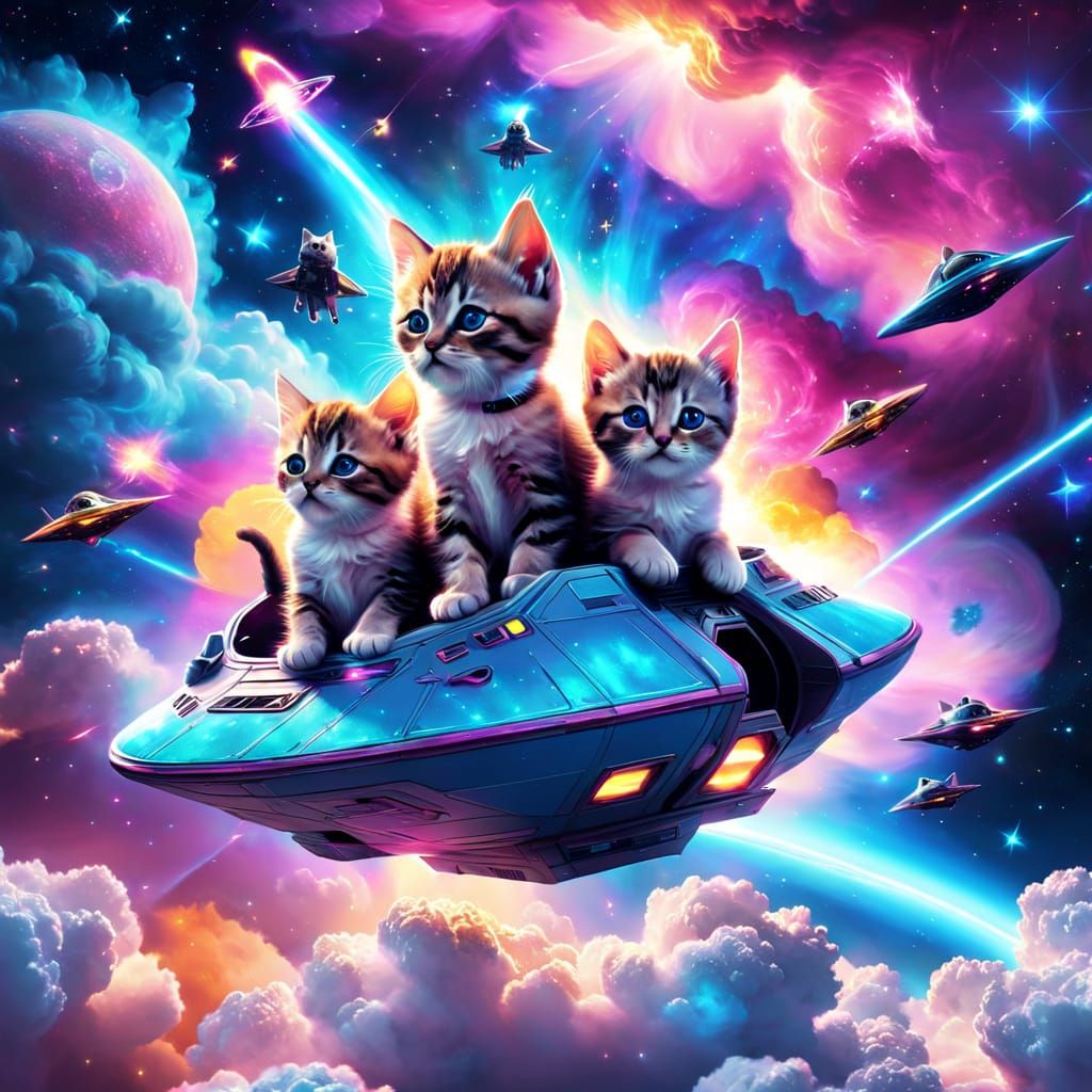 Cosmic Kittens Explore the Galaxy in Vibrant Digital Art
