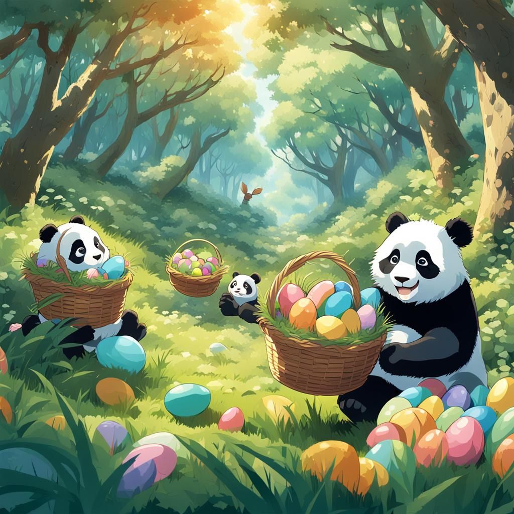 Whimsical Easter Egg Hunt Scene with Animal Friends in Fores...