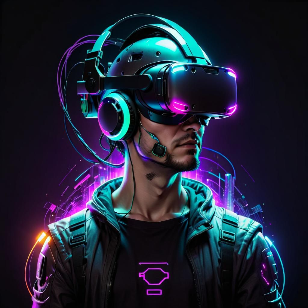 Cyberpunk Gamer Immersed in Virtual Reality
