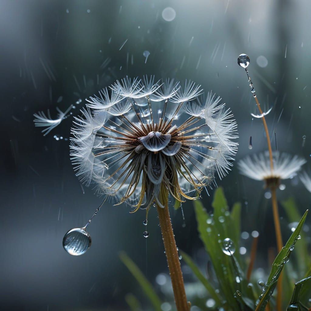 Dandelion Seed Floating in Rain, Macro Art