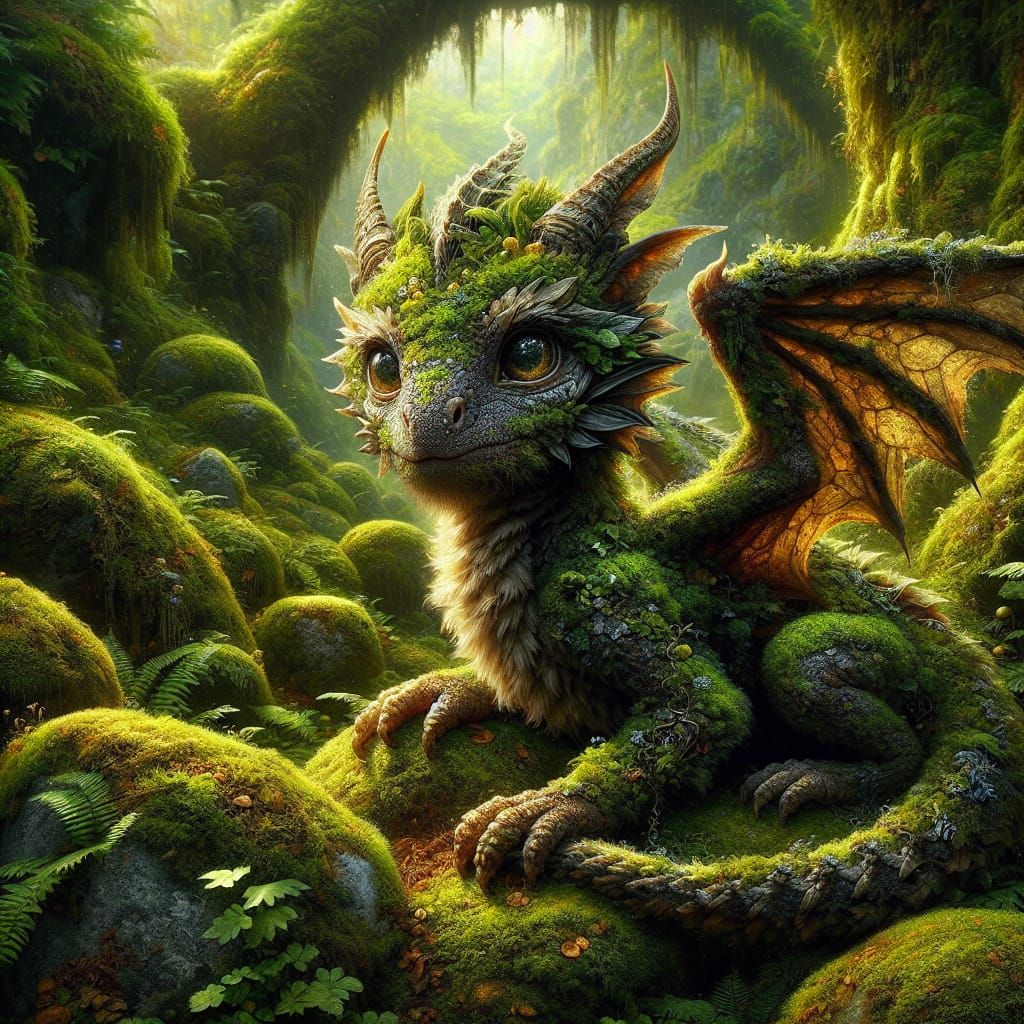 Surreal, Late 19th Century-Style Dragon Embarks from a Mossy...