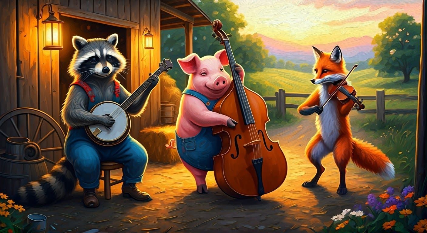 Joyful Hillbilly Animals in Vibrant Brushstrokes