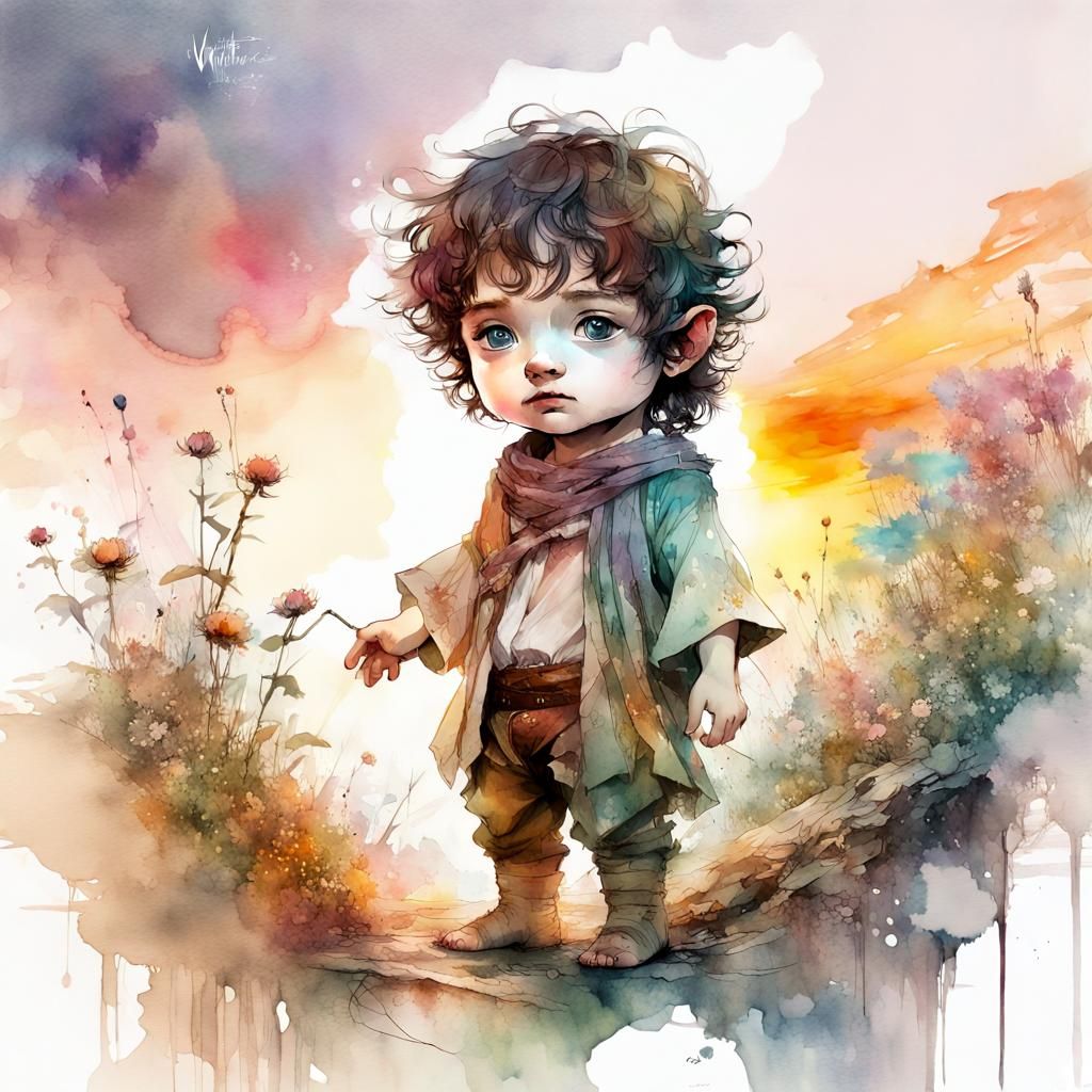 Chibi Frodo in a Whimsical Watercolor Sunset