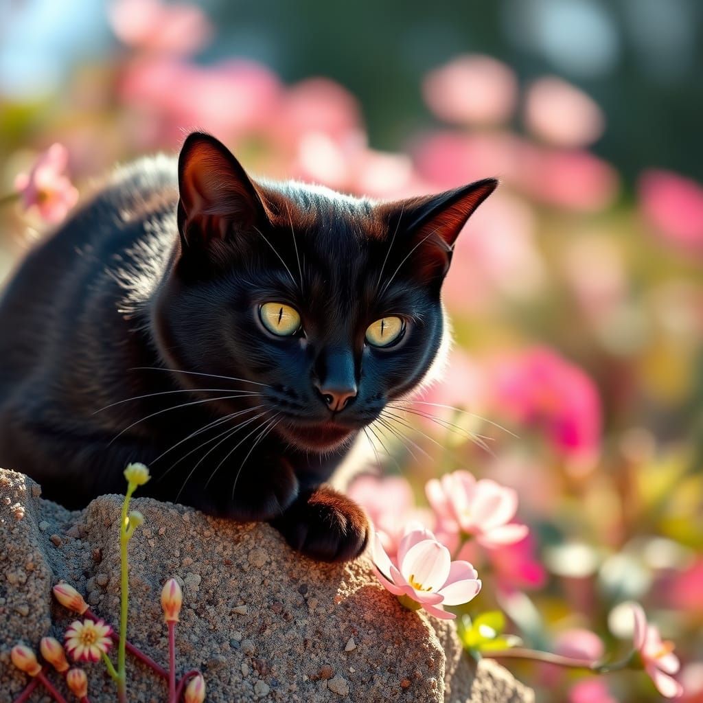 Sleek Black Cat Surveys Vibrant Flower Garden in Warm Natura...