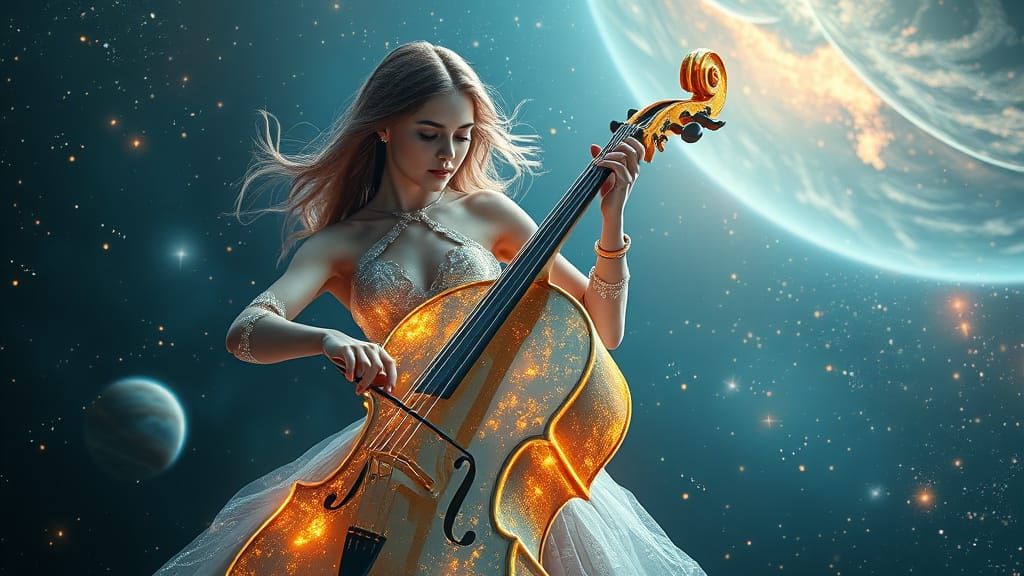Ethereal Cello Goddess in Futuristic Space Odyssey