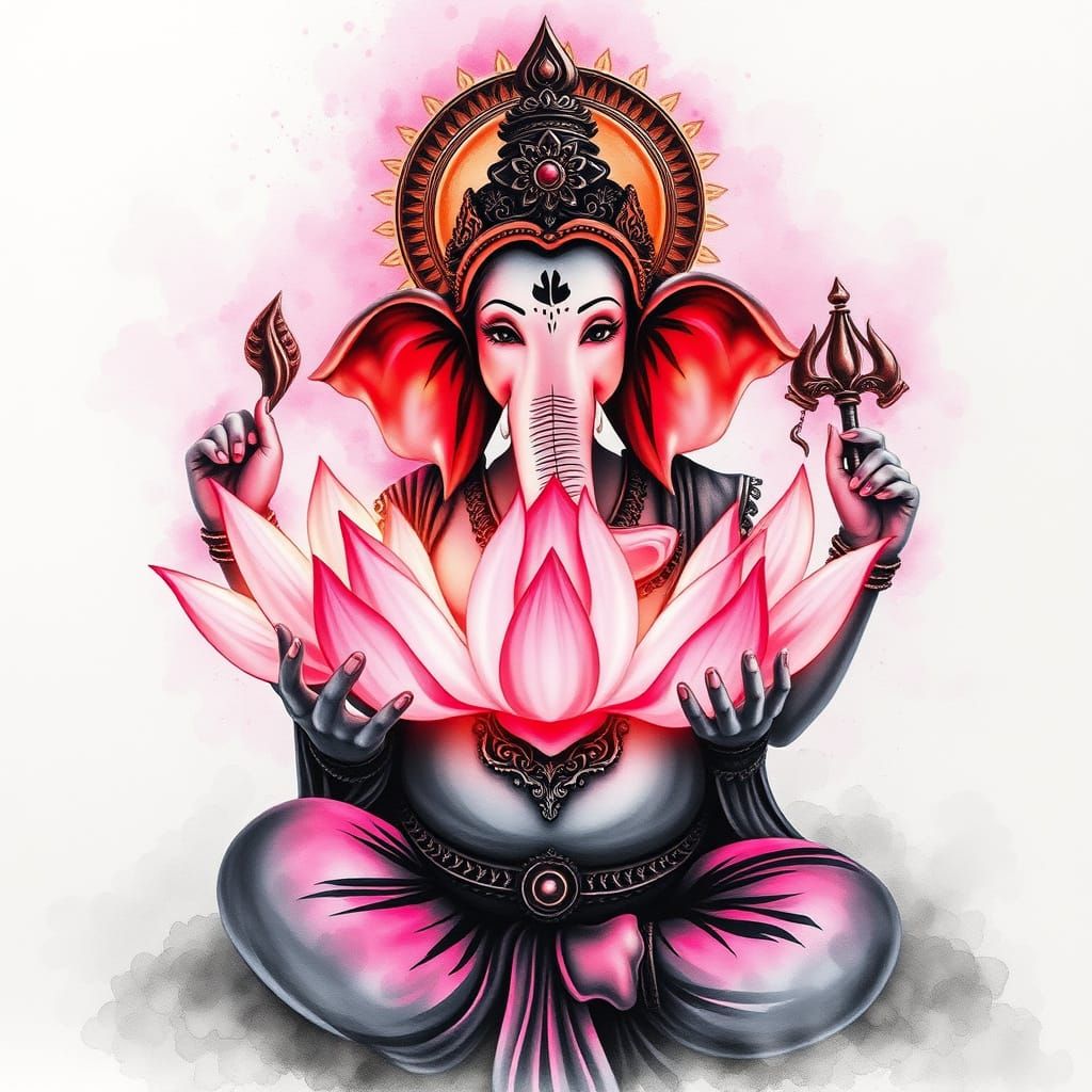 Ganesha holding a large glowing lotus flower in her hands. Water color style with lighting styled by James Turrell