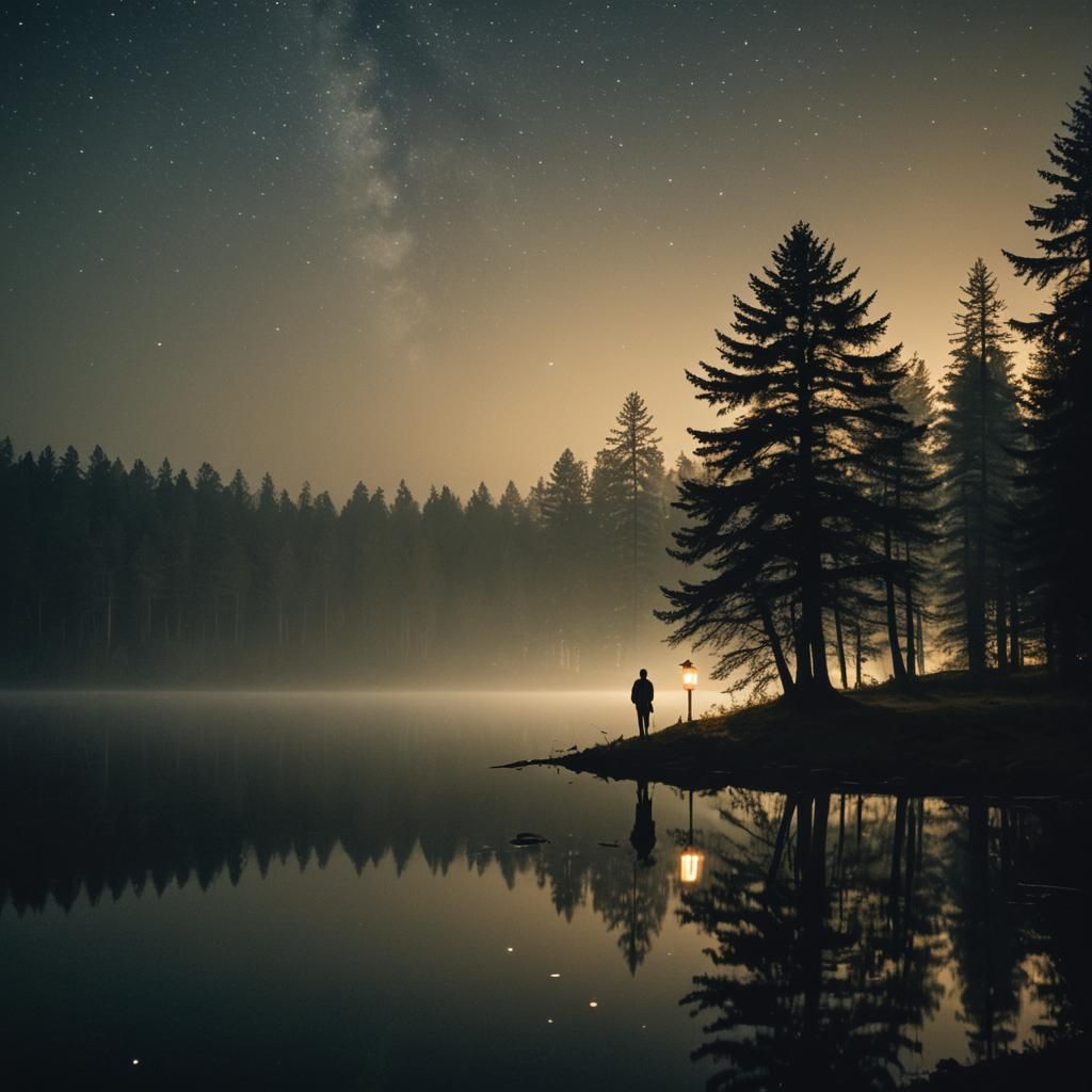 Lonely Figure Shrouded in Mist on a Serene Lake