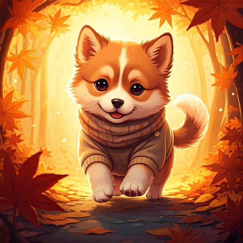 Whimsical Puppy Plays in Vibrant Autumn Leaves in Anime-Styl...