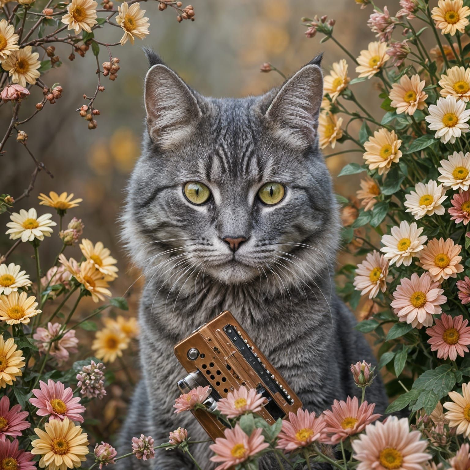 Stunning Gray Cat Harmonica Player in Vibrant Fall Setting