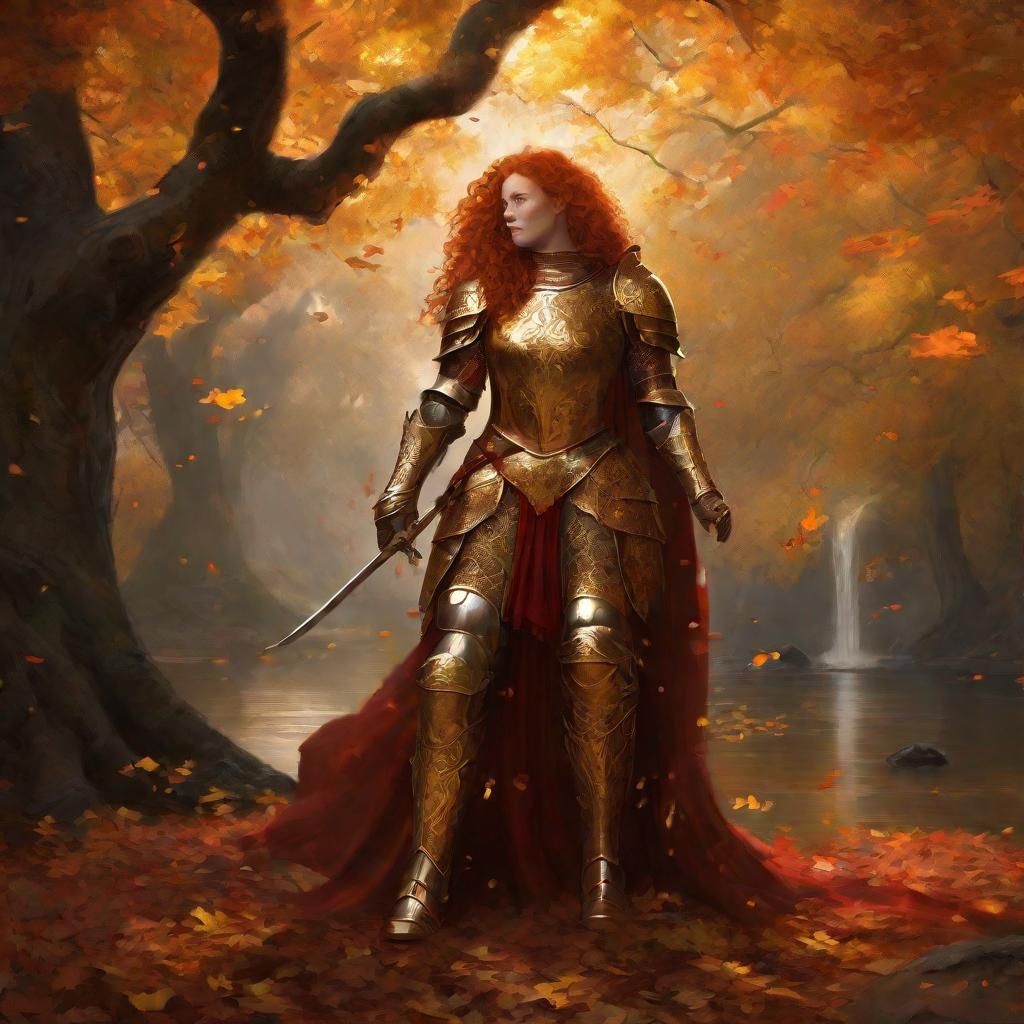 Elegant Knight in Golden Armor, Autumn Landscape