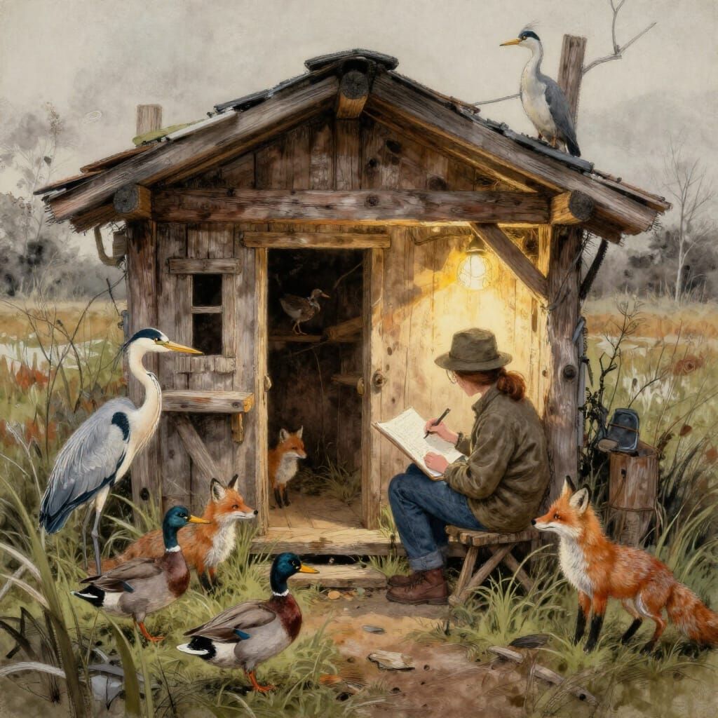Birdwatcher's Marsh Hideout Fantasy Painting