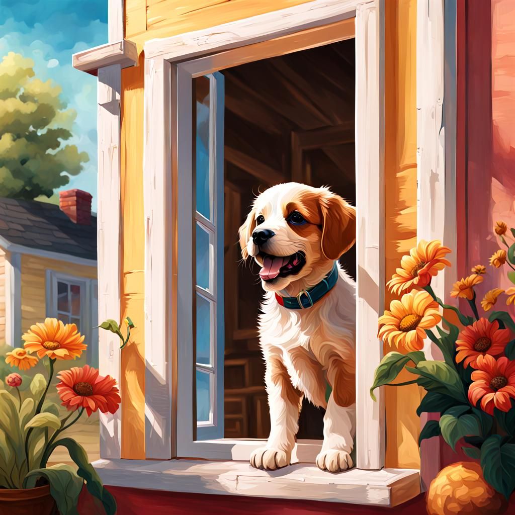 Cute Puppy Watches Children Approach in Hyperrealistic Conce...