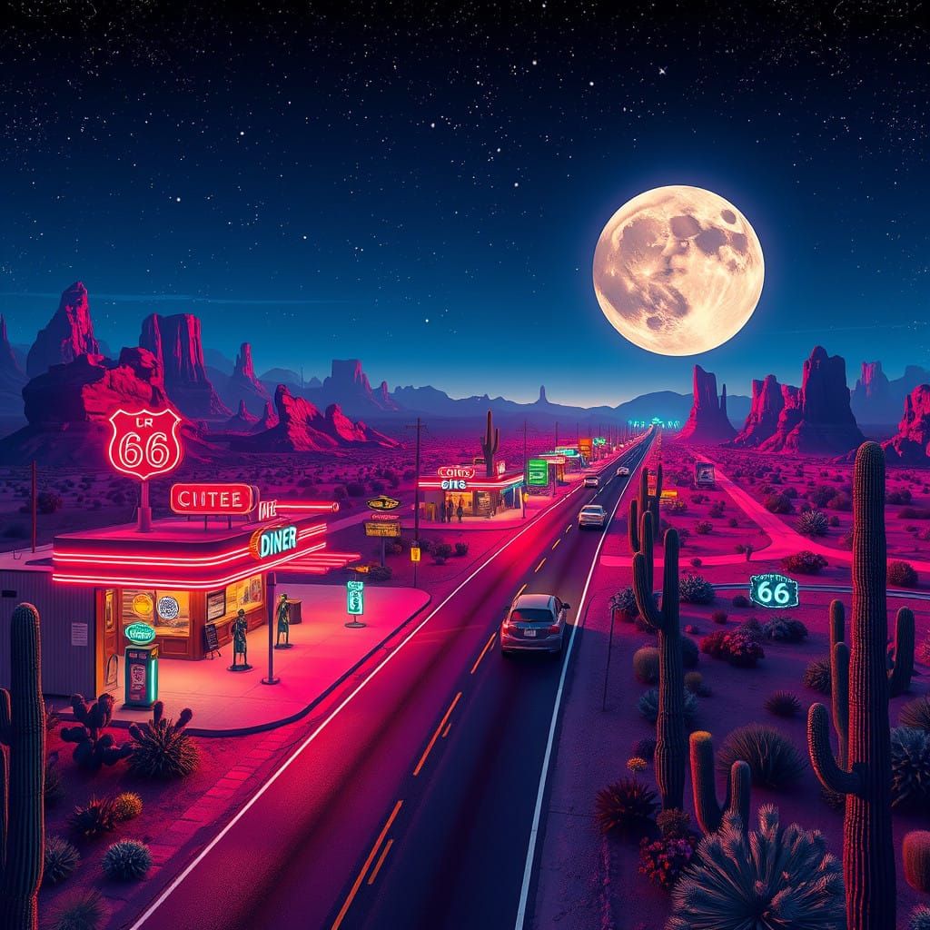 Neon Route 66 Under a Starry Desert Night Sky