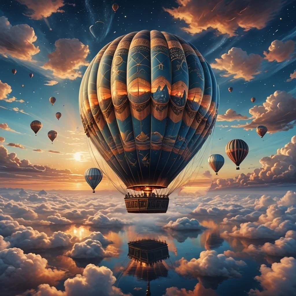 Hot Air Balloon Soars Past Futuristic Spaceship in Ethereal....