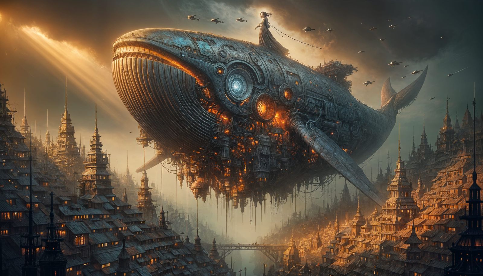 Airborne Mechanical Whale Drifting Through Smoggy Sky