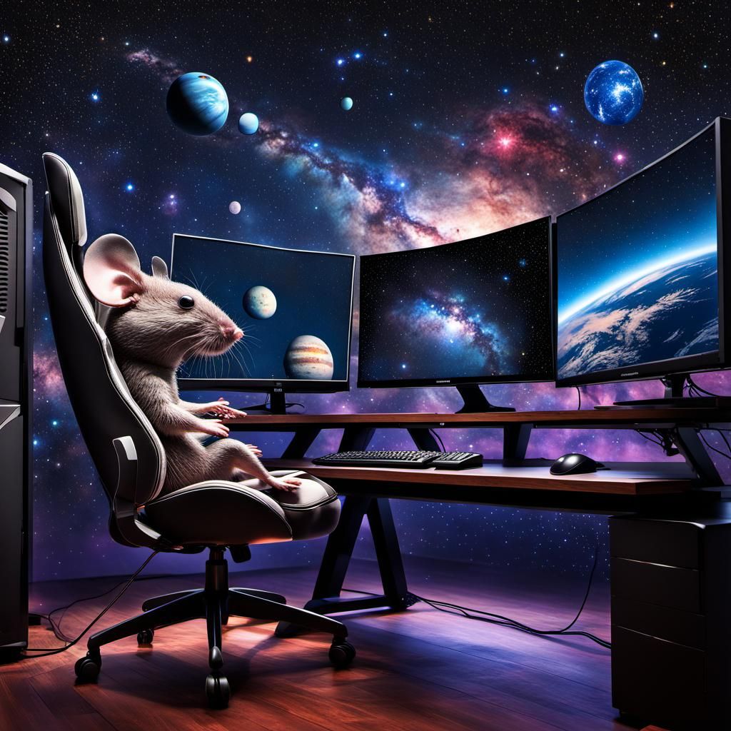 Stunning Hyperrealistic Chibi Mouse in Cosmic Gaming Setup